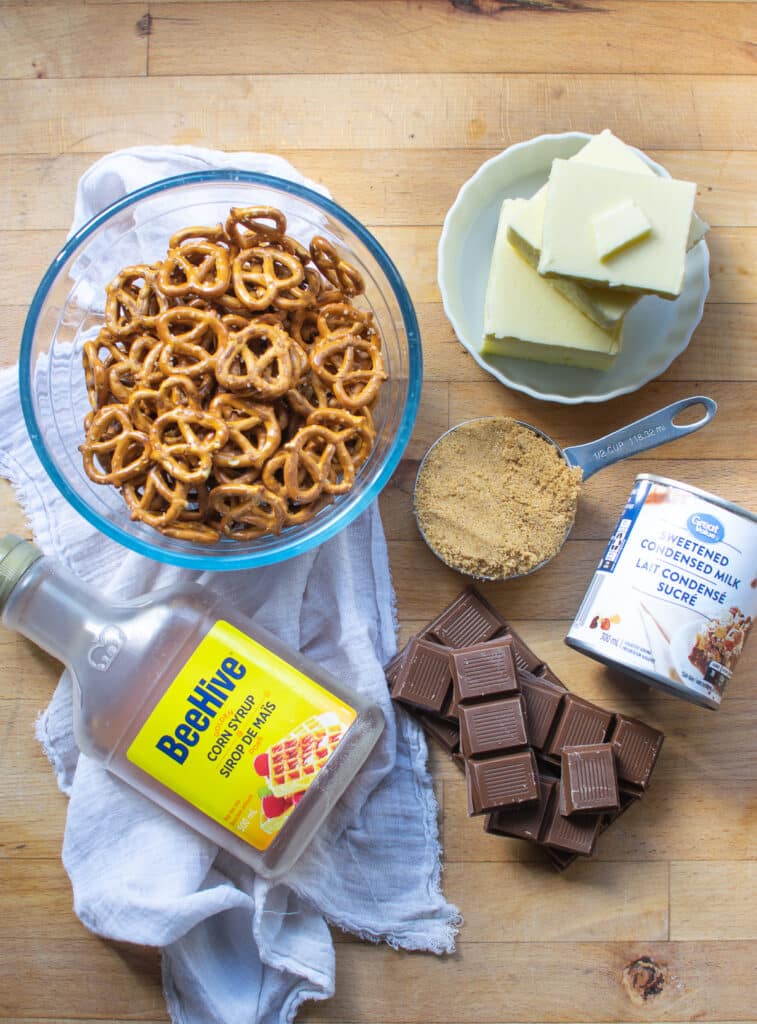 Overhead view of ingredients to make Chocolate Caramel Bars