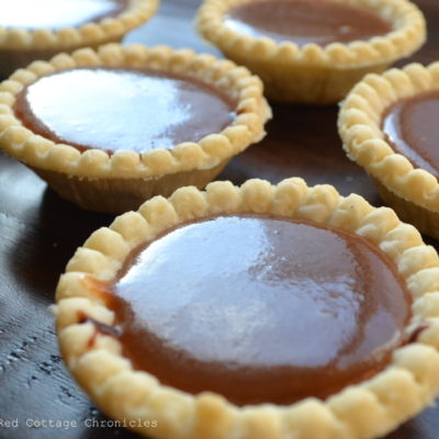 Chocolate truffle tarts with a caramel topping.