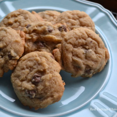 A blue plate filled with chocolate chip cookies