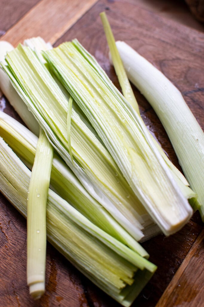 Leeks, cut in half length wise and rinsed clean