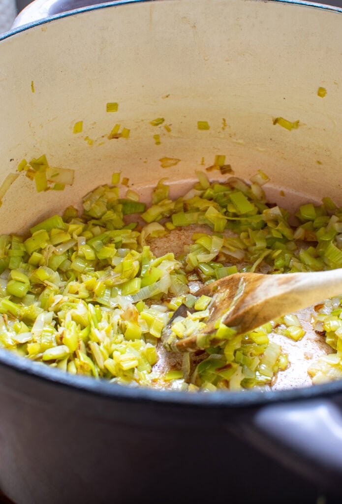 Chopped leeks that have been cooked down and softened.