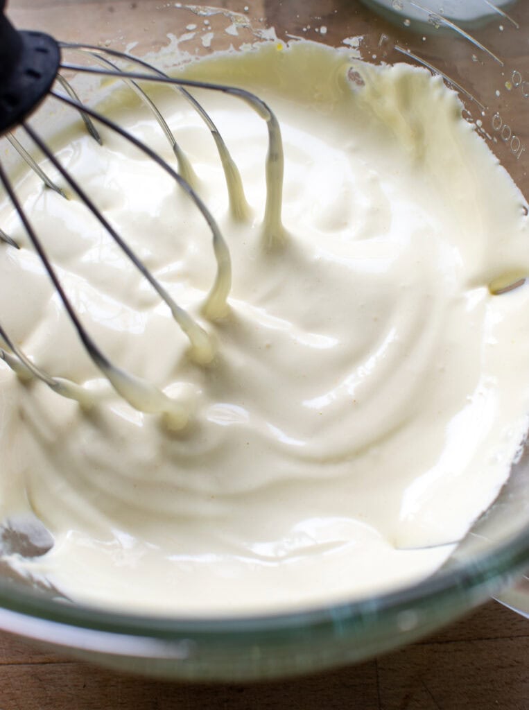 Egg yolks and sugar whipped until thick and pale in colour.