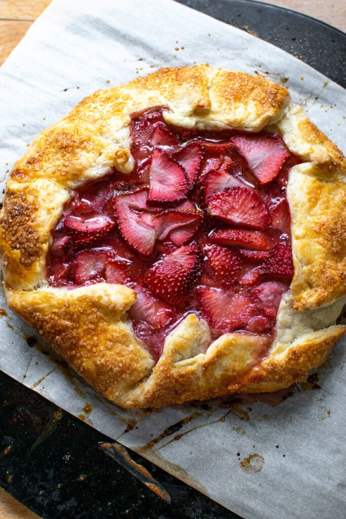 A strawberry galette fresh out of the oven.