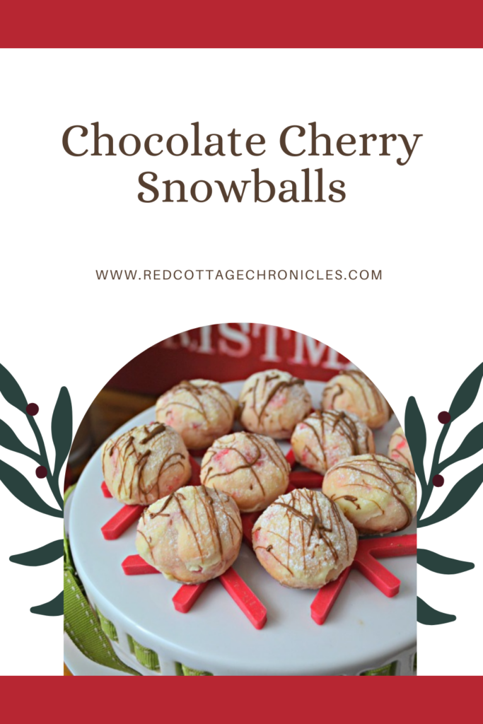 Pinterest Pin with a picture of chocolate cherry snowball cookies on a white plate.