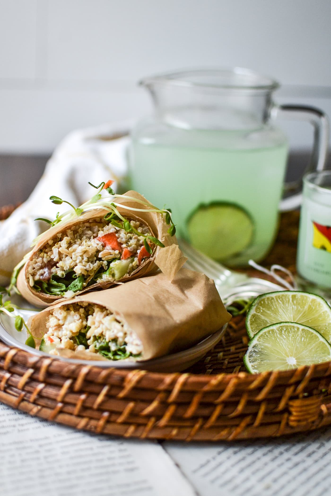 veggie wrap made with chopped fresh cucumbers, peppers, tomatoes, left over brown rice and quinoa