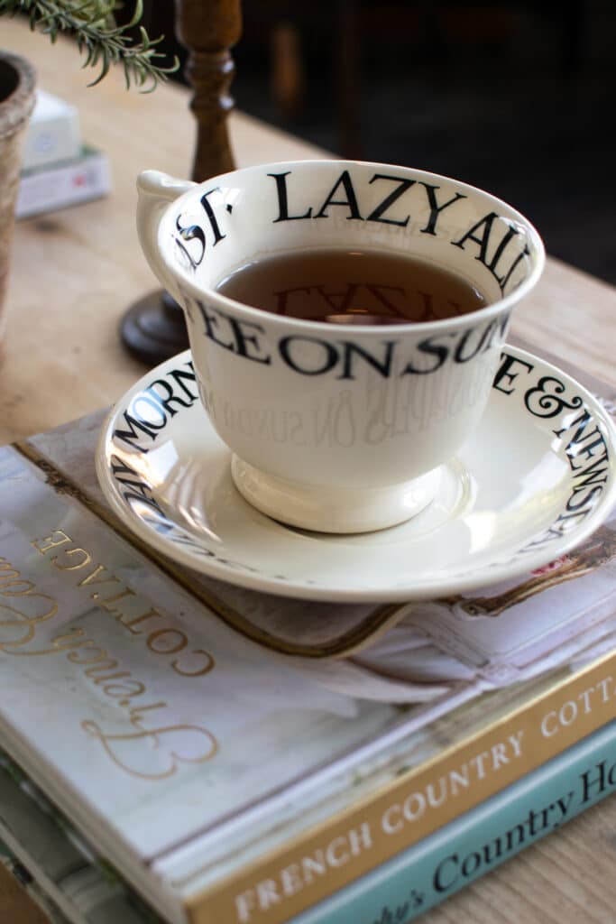 A large tea cup sits on top of a French Country  decor book.