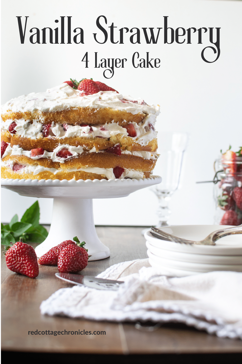 Pinterest Pin with picture of 4 layer vanilla strawberry cake