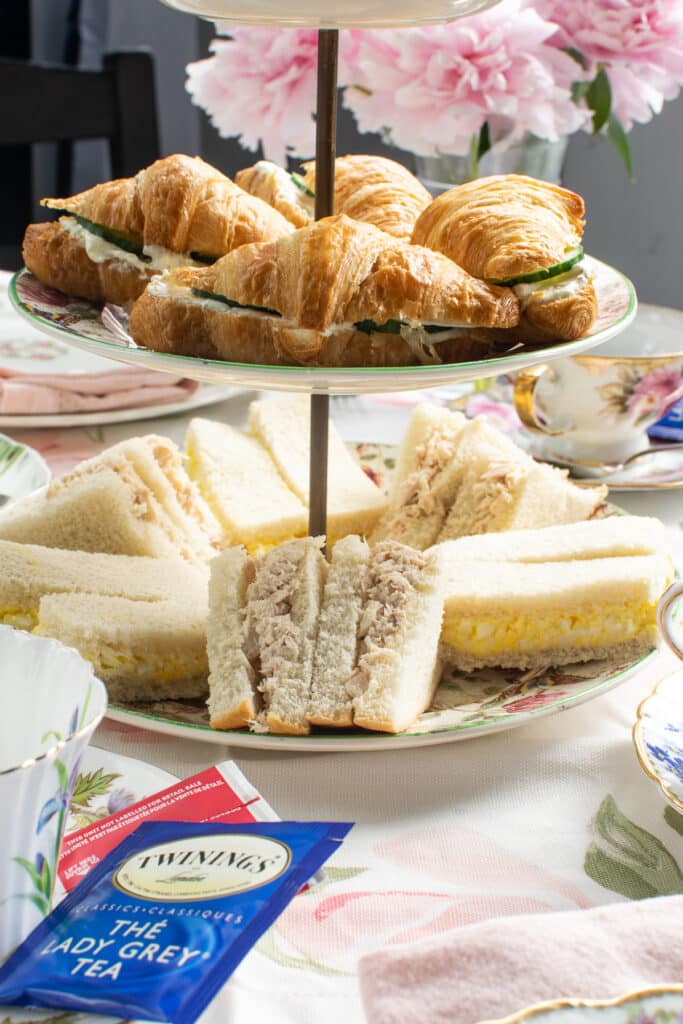 A tiered tray of finger sandwiches