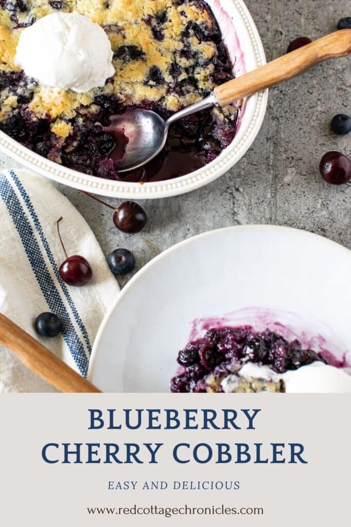 A photo for Pinterest showing an overhead view of a fruit cobbler with a spoonful scooped out on a plate.