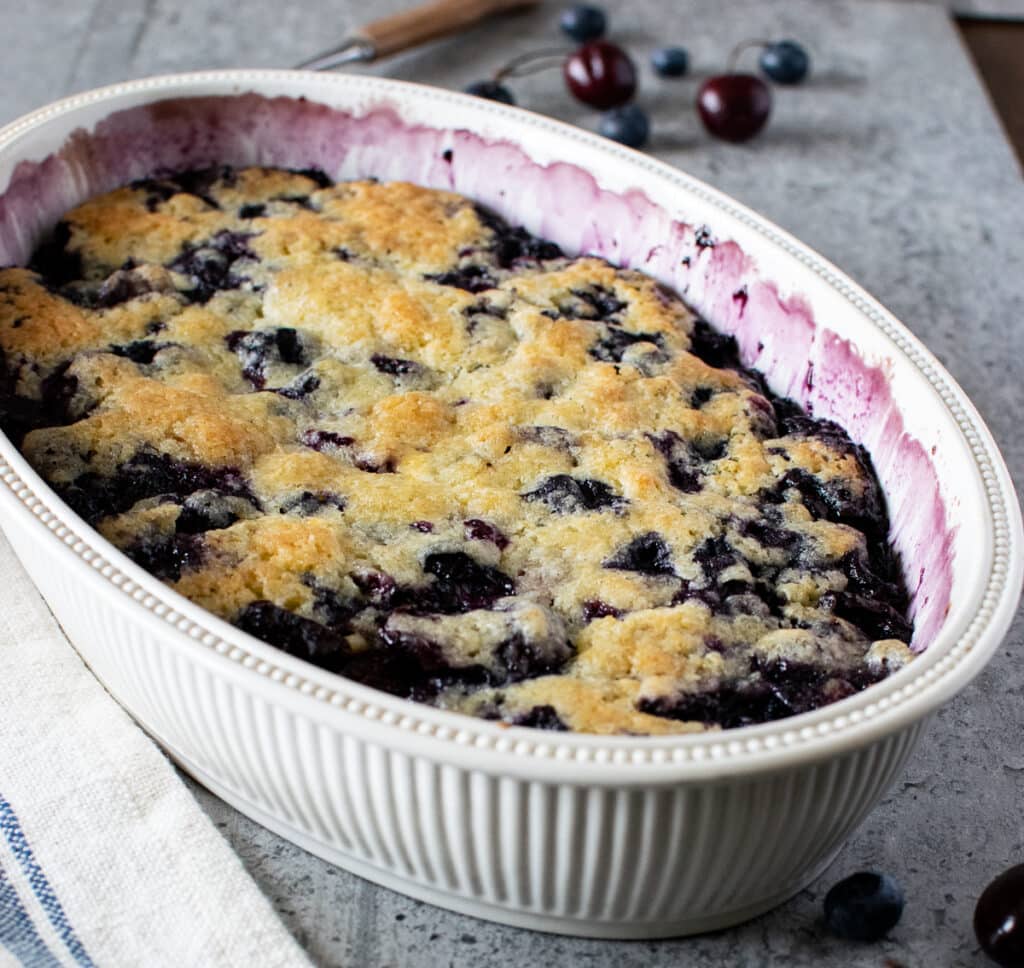 A cherry blueberry cobbler right out of the oven.