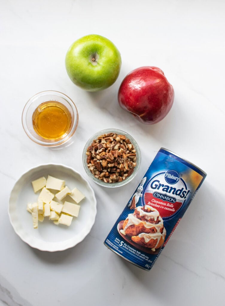 Overhead view of ingredients for apple upside cake.