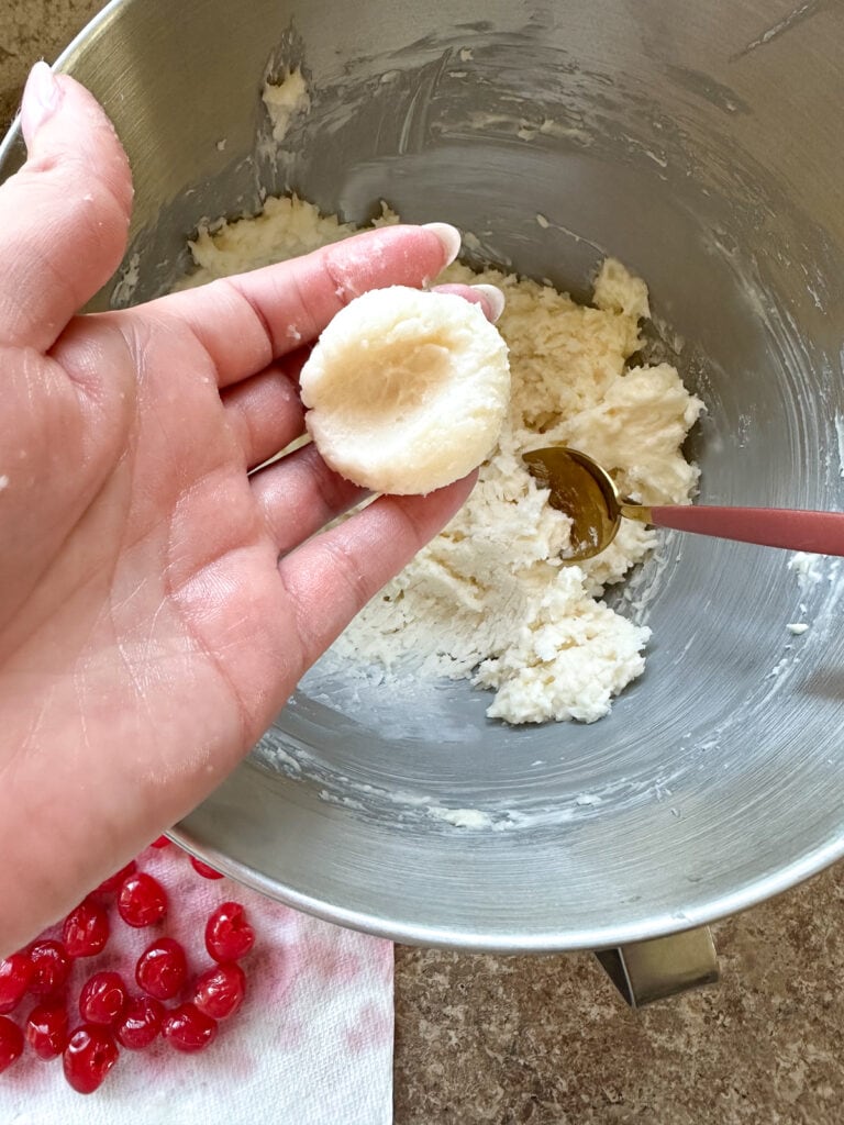 Photos of the first three steps to making cherry surprises, including mixing ingredients and shaping into balls.