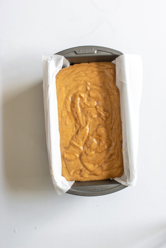 Pumpkin Bread batter in a loaf pan ready for the oven