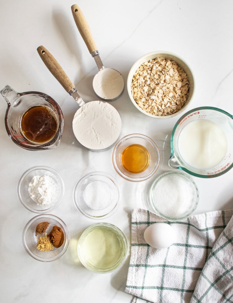 Overhead view of the ingredients to make maple oatmeal cinnamon muffins.