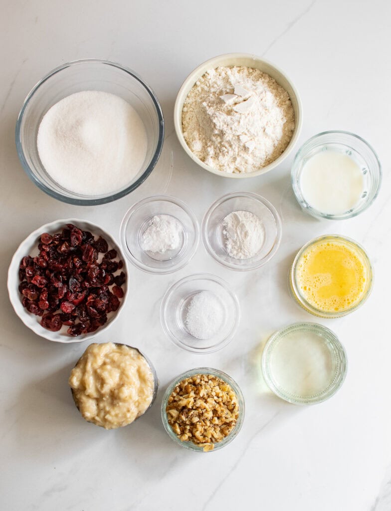 An overhead photo of all the ingredients to make cranberry banana bread