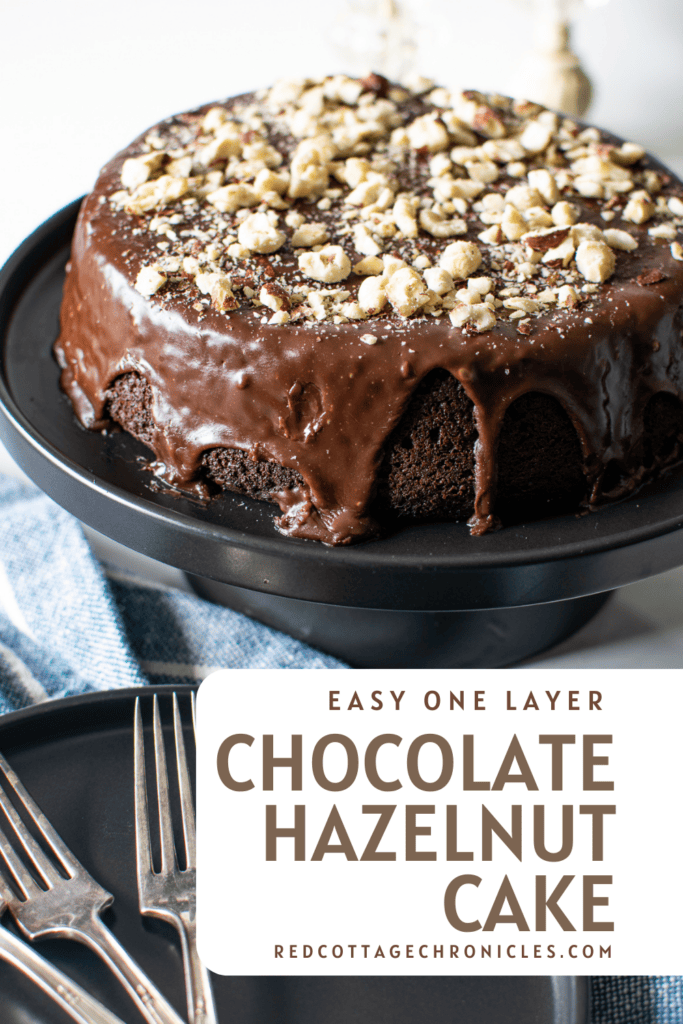 A chocolate hazelnut cake image for Pinterest.