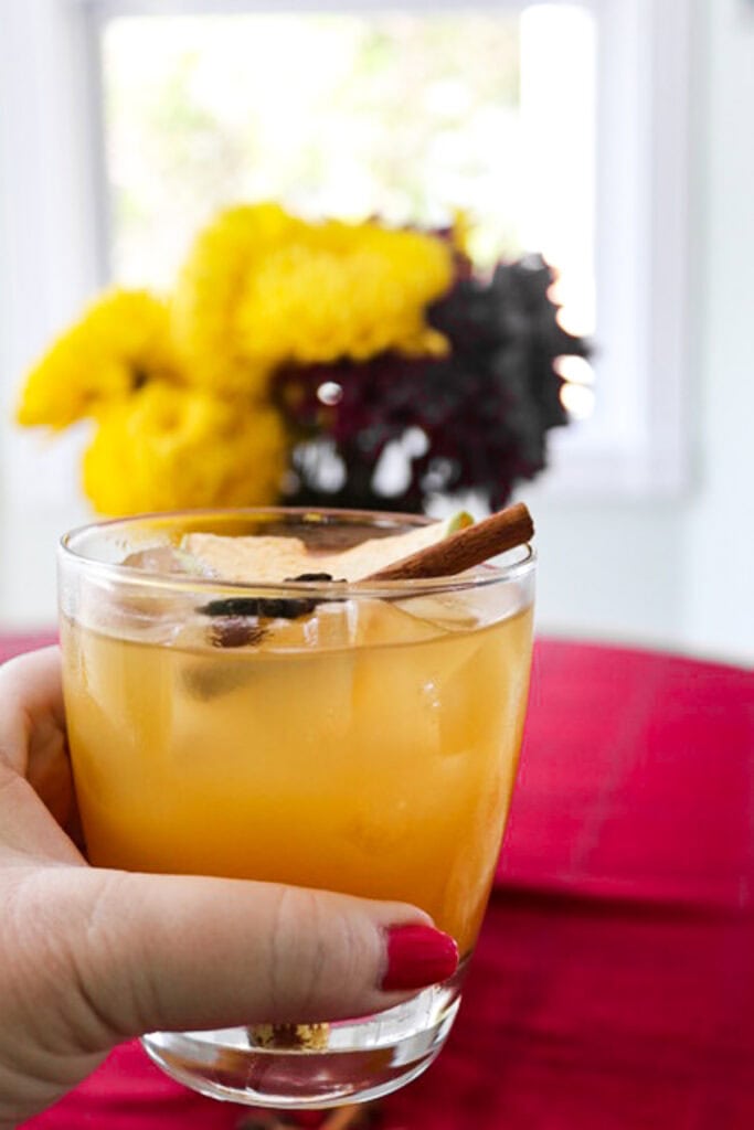 A hand holding a glass of apple cider rum cocktail.