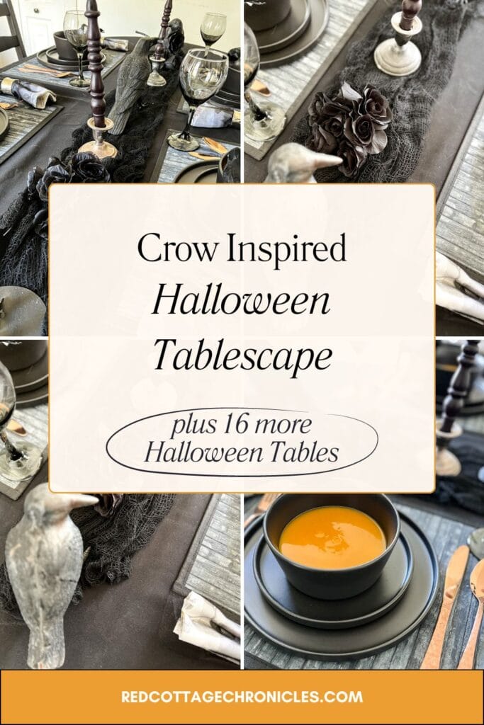 A Collage of photos of a black and orange Crow themed Halloween tablescape.