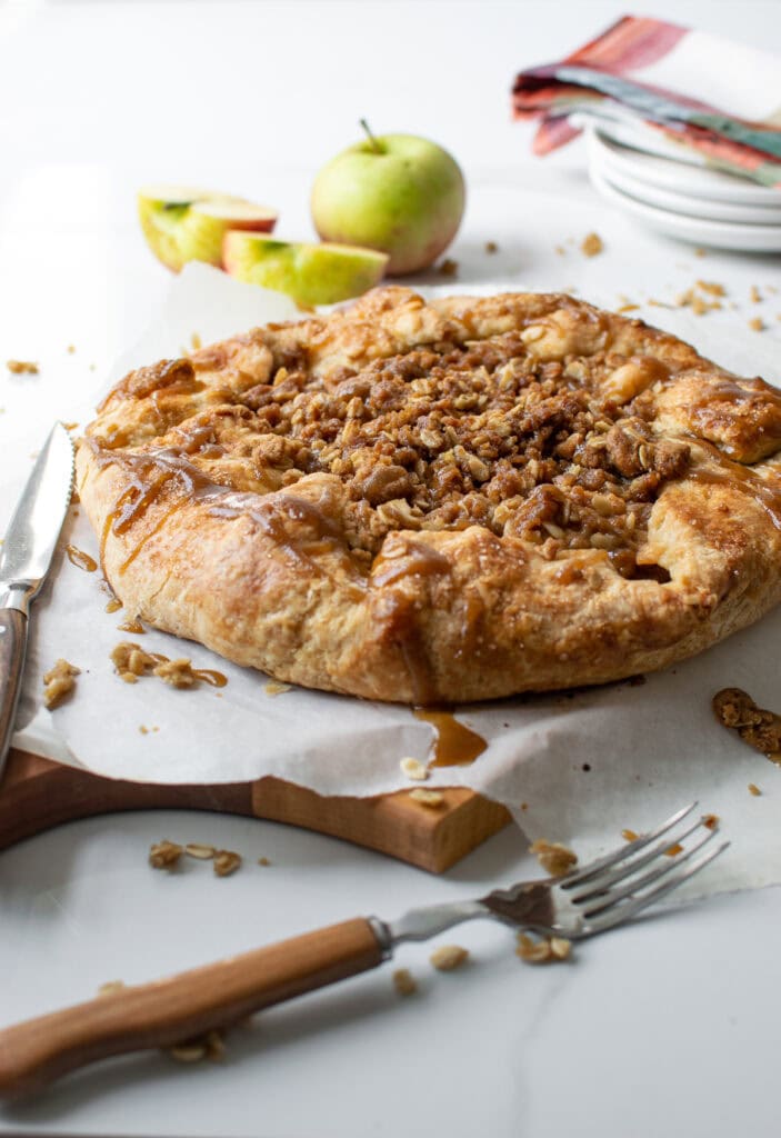 Baked apple galette with a crumble topping fresh out of the oven.