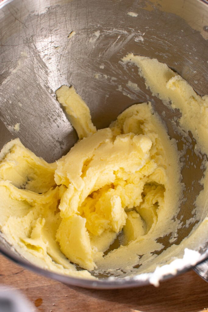 Overhead view of butter and sugar creamed together to light and fluffy.