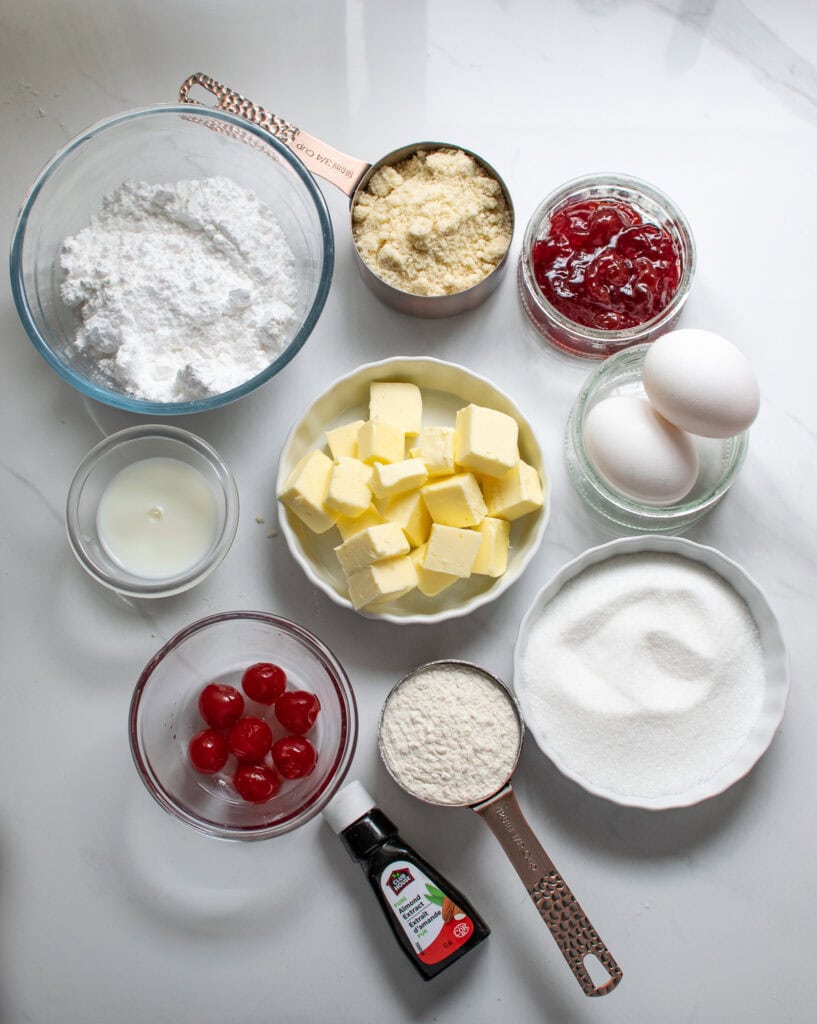 Overhead view of ingredients to make a bakewell tart