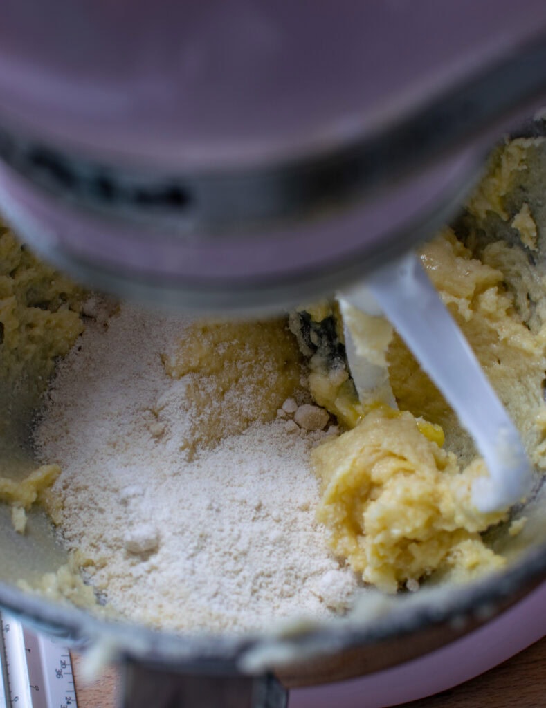 Almond flour added to wet ingredients to make frangipane.