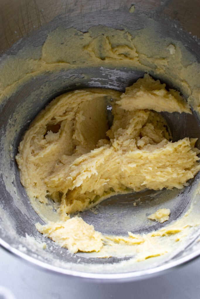 Frangipane batter in the bowl of a stand mixer.