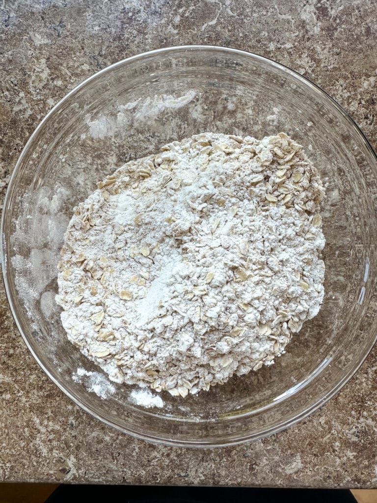 A mixture of oats, flour and spices in a glass mixing bowl.