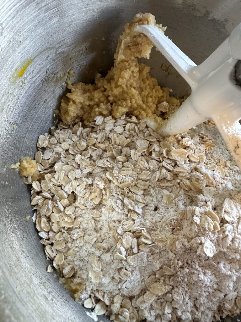 A mixture of oats, flour and spices being added to wet ingredients to make cookies.