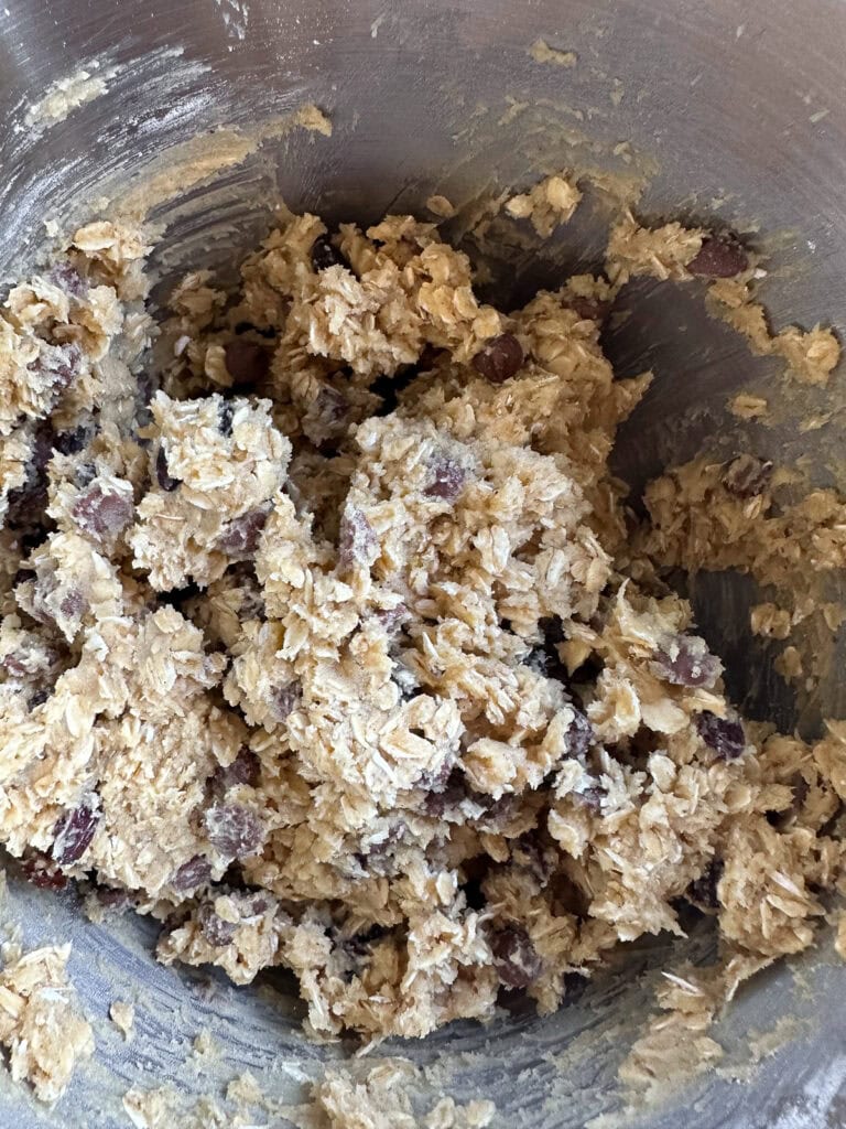 Oatmeal Raisin Chocolate Chip Cookie Batter in a stand mixer bowl.