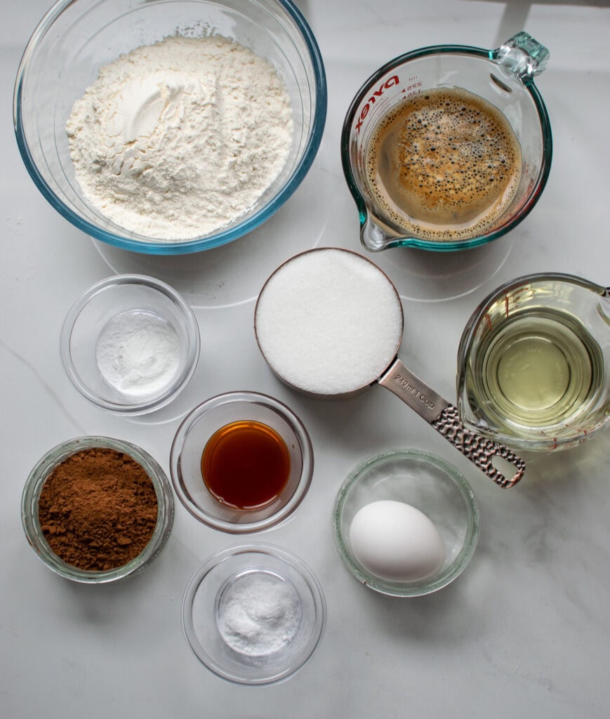 Overhead view of ingredients required to make mocha cupcakes.