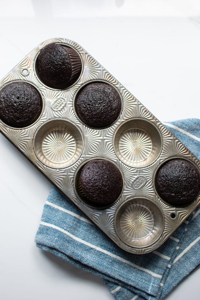 Chocolate cupcakes out of the oven.