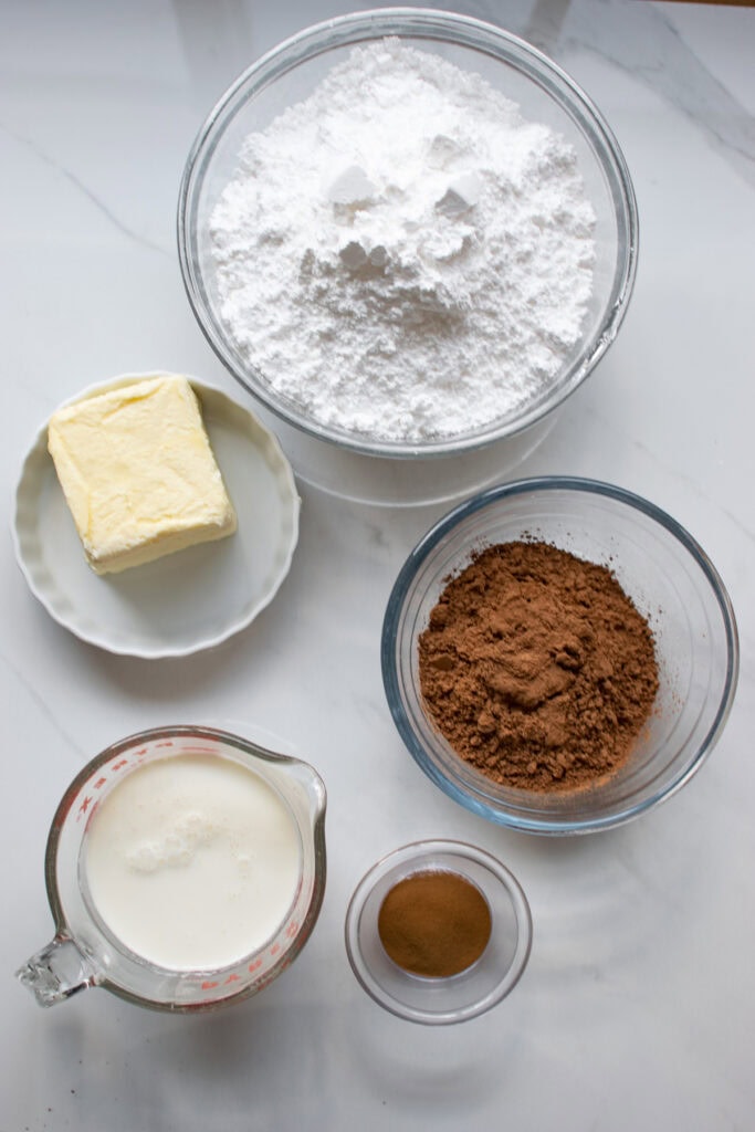 Overhead view of ingredients to make Chocolate Espresso buttercream.