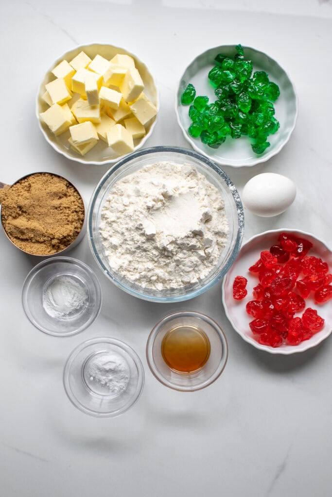 All the ingredients required to make candied cherry cookies