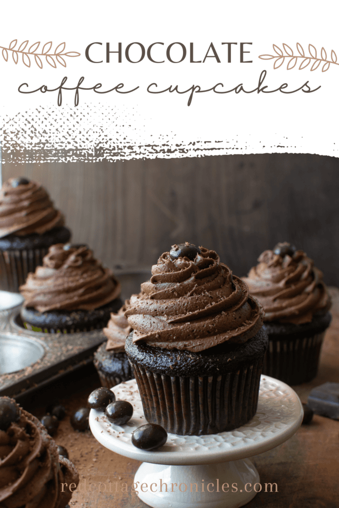 Pinterest Pin with image of a chocolate mocha cupcake on a white cupcake stand.