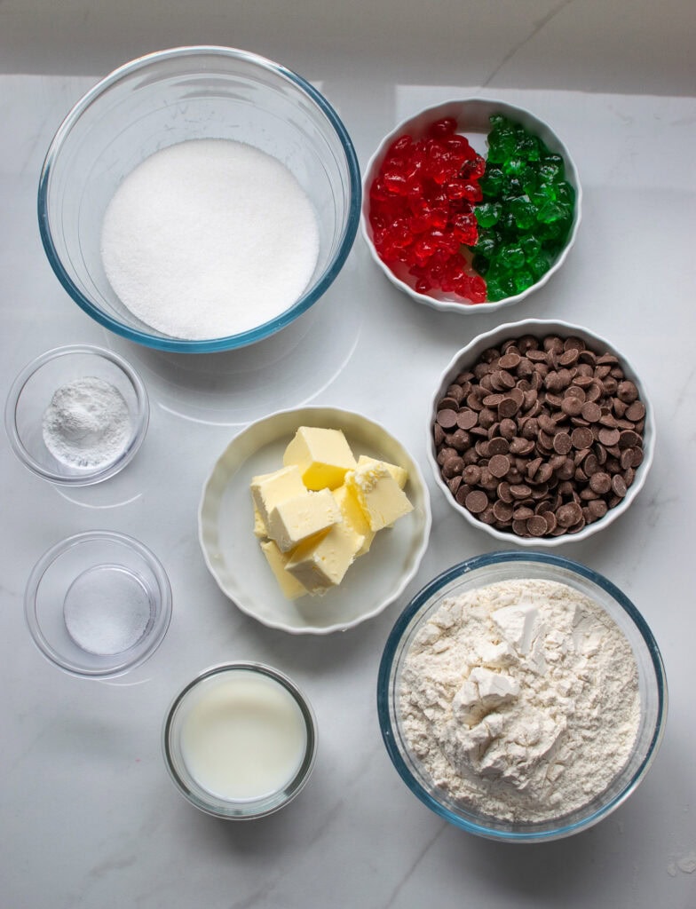 Overhead view of ingredients needed to make chocolate chip cherry muffins