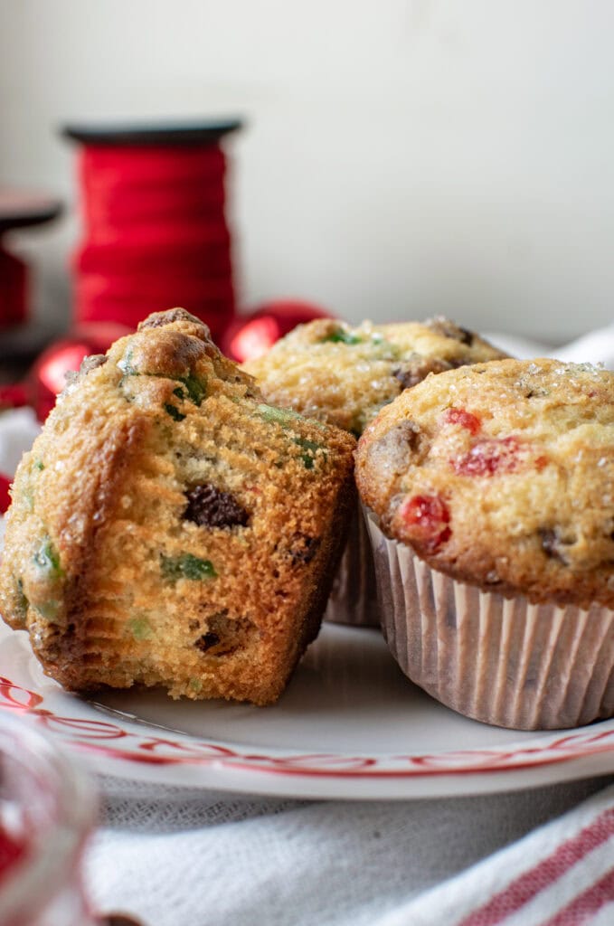 Cherry Chocolate chip muffins made with green and red cherries.