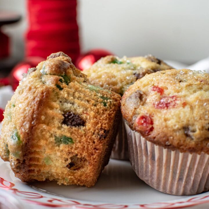 Cherry Chocolate chip muffins made with green and red cherries.