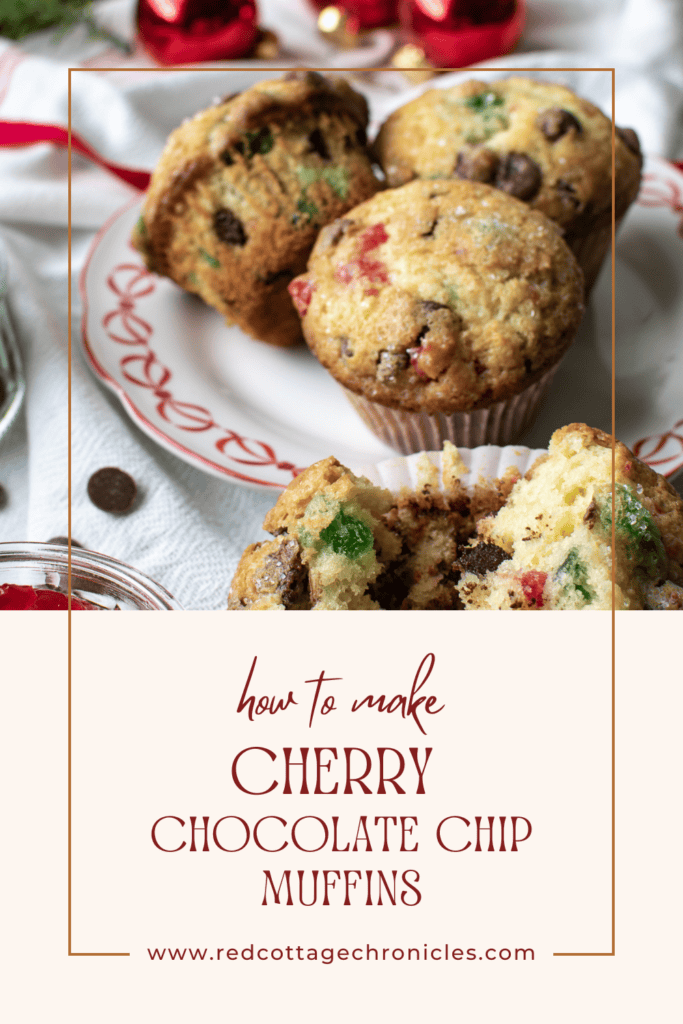 Pinterest Pin with picture of 3 cherry chocolate chip muffins on a plate.