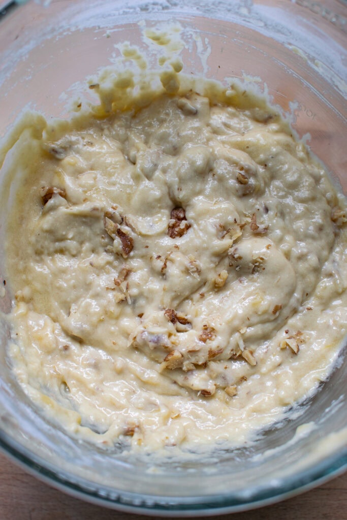 Walnuts folded into banana bread batter.