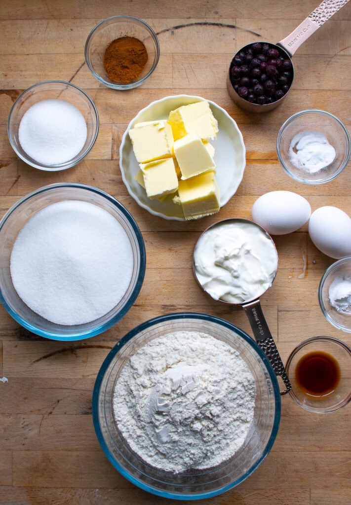 Ingredients to make blueberry sour cream coffee cake.