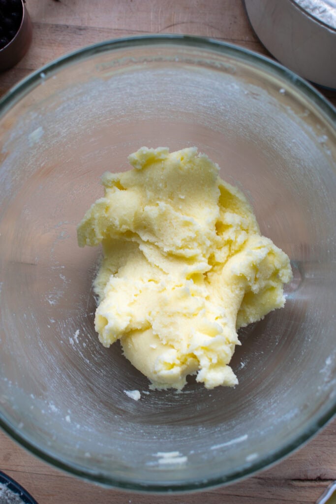 Butter and sugar creamed together in bowl of electric mixer.