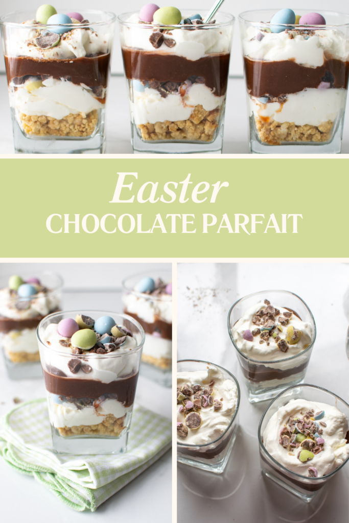 Pinterest Pin with 3 photographs of an Easter chocolate parfait.